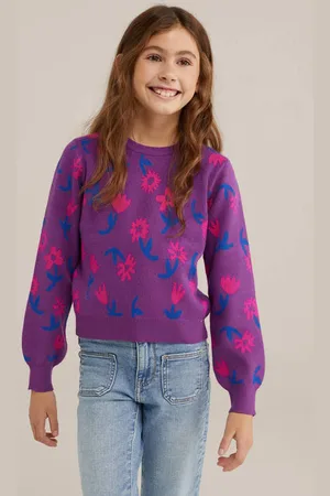 WE Fashion Trui paars Meisjes Viscose Ronde hals All over print