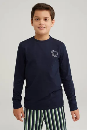 WE Fashion Pyjamaset marineblauw/groen/wit Jongens Katoen Ronde hals Streep
