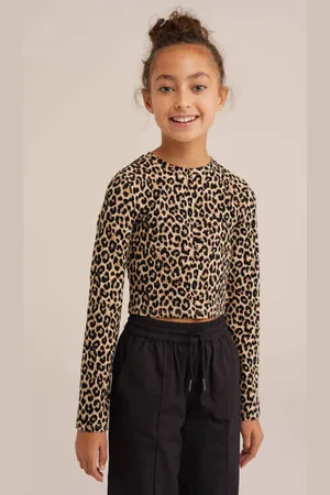 WE Fashion Longsleeve beige Bruin Meisjes Stretchkatoen Ronde hals Effen