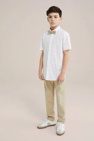 WE Fashion Overhemd met vlinderdas wit/beige/donkerblauw Jongens Katoen Klassieke kraag