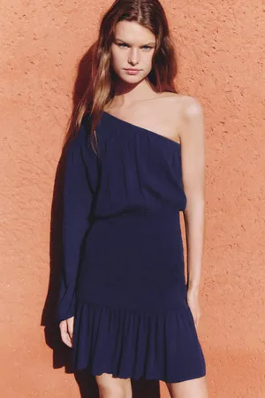 MANGO Korte jurk donkerblauw Meisjes Viscose One shoulder Effen