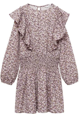 MANGO Midi jurk paars Meisjes Polyester Ronde hals Bloemen