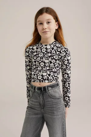 WE Fashion Longsleeve zwart Meisjes Stretchkatoen Ronde hals All over print