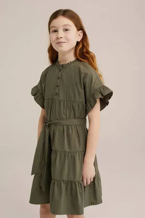 WE Fashion Korte jurk Groen Meisjes Katoen Ronde hals Effen
