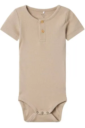 NAME IT BABY romper NBMKAB zand Grijs Jongens Katoen Ronde hals Effen