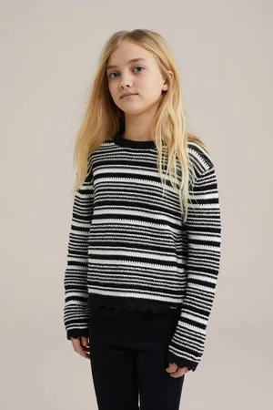 WE Fashion Trui zwart rib gebreid Sweater Meisjes Katoen Ronde hals Streep