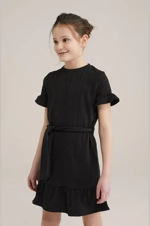 WE Fashion Korte jurk zwart Meisjes Polyester Ronde hals Effen