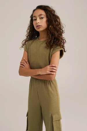 WE Fashion Straight jumpsuit Groen Meisjes Katoen Ronde hals Effen