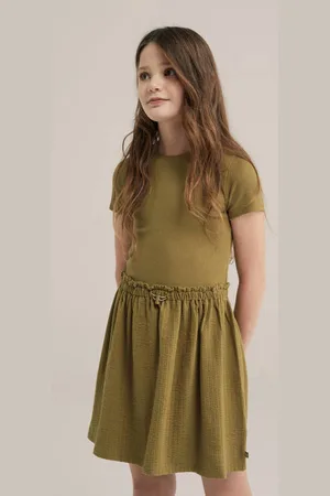 WE Fashion Korte jurk rib gebreid Groen Meisjes Stretchkatoen Ronde hals
