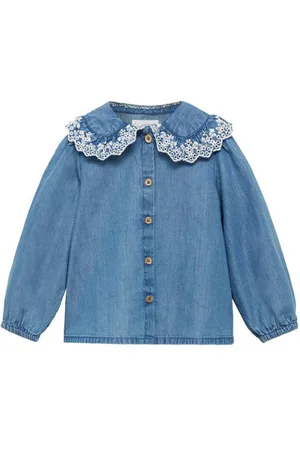 MANGO Blouse broderie Blauw Effen