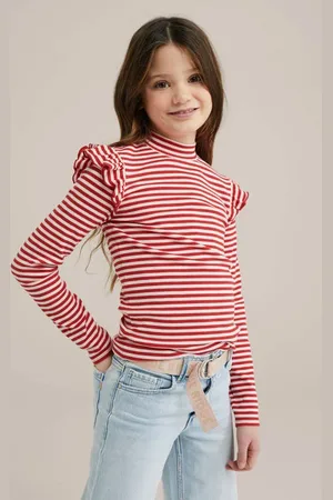 WE Fashion WE Fundamentals longsleeve rood/wit Meisjes Stretchkatoen Ronde hals Streep