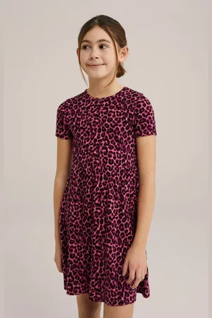WE Fashion Korte jurk roze Meisjes Stretchkatoen Ronde hals Panterprint