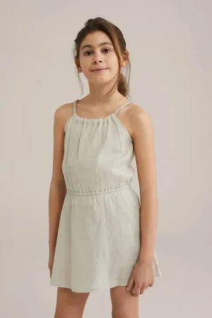 WE Fashion Korte jurk beige Meisjes Katoen Ronde hals Effen