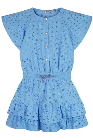 NoNo Midi jurk blauw Meisjes Katoen Ronde hals Effen