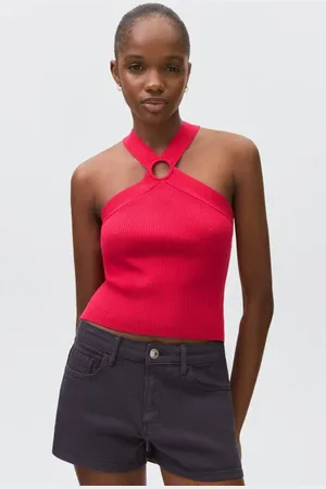 MANGO Haltertop rib gebreid Effen