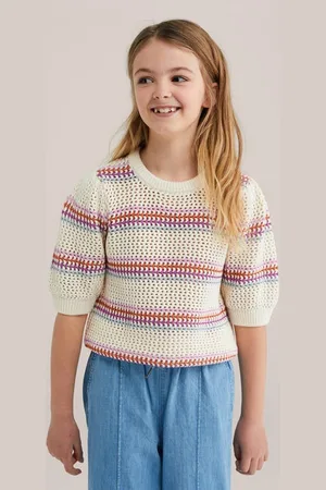 WE Fashion Gebreide trui beige Meisjes Katoen Ronde hals Streep