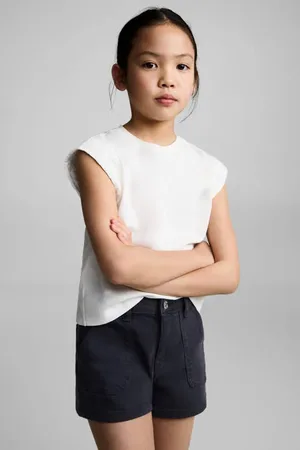 MANGO Denim short donkerblauw Effen