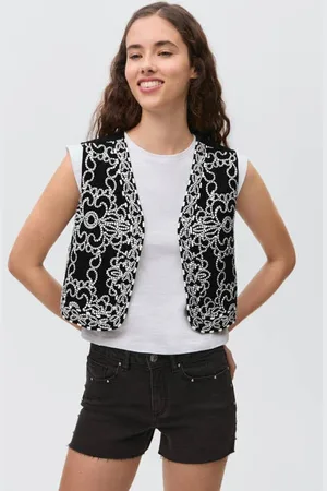 MANGO Gilet zwart Meisjes Katoen Openvallende hals All over print