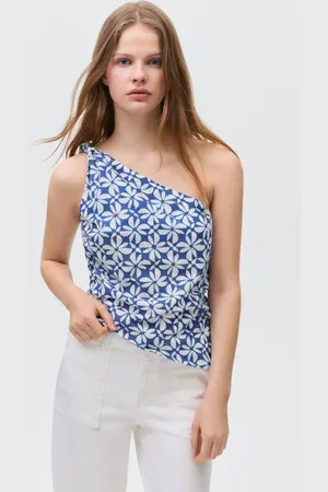 MANGO One shoulder top blauw All over print