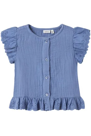NAME IT MINI blouse blauw broderie Meisjes Mousseline Ronde hals Effen