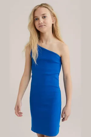 WE Fashion Korte jurk rib gebreid blauw Meisjes Stretchkatoen One shoulder