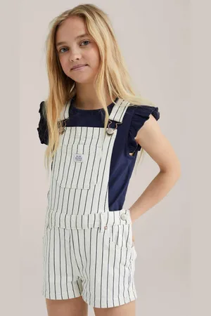 WE Fashion Denim slim tuinbroek ecru Streep