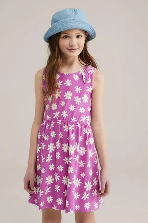 WE Fashion Korte jurk paars Meisjes Stretchkatoen Ronde hals Bloemen
