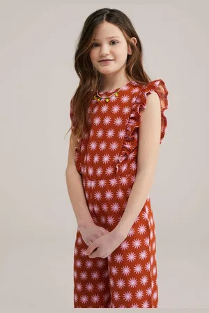 WE Fashion Jumpsuit roodbruin Meisjes Polyester Ronde hals All over print