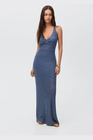 MANGO Maxi jurk ajour donkerblauw Meisjes Polyester V