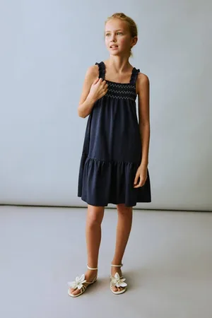 MANGO Korte jurk donkerblauw Meisjes Katoen Vierkante hals Effen