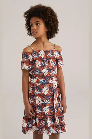 WE Fashion Zomerjurk oranje Meisjes Stretchkatoen Off shoulder Blad