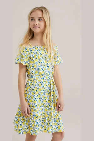 WE Fashion Zomerjurk geel Meisjes Stretchkatoen Off shoulder All over print