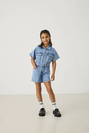 ONLY KIDS GIRL denim playsuit Blauw Effen