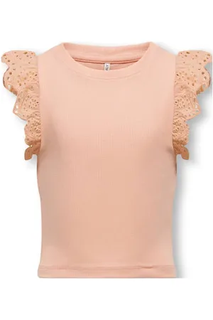ONLY KIDS GIRL mouwloze top zalm broderie Roze Meisjes Stretchkatoen Ronde hals