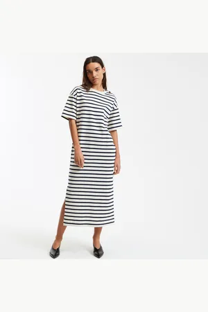 La Redoute Lange, gestreepte jersey jurk met knopen op schouder