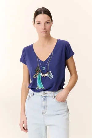 Leon & Harper TONTON FEATHER T-shirt met korte mouwen en geborduurde V-hals