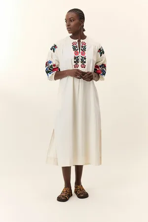Leon & Harper Geborduurde midi-jurk, 3/4 mouwen, RUDO
