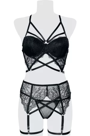 Grey Velvet Gothic Ondergoed - 3-teiliges Spitzen Harness-Bra Set - S tot XL - voor Vrouwen