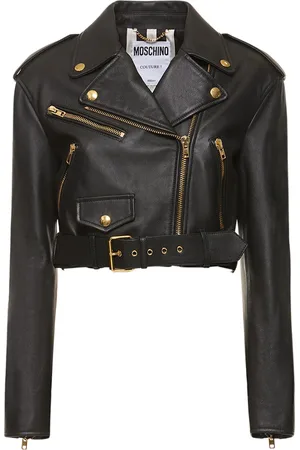 Moschino Belted Leather Cropped Logo Jacket