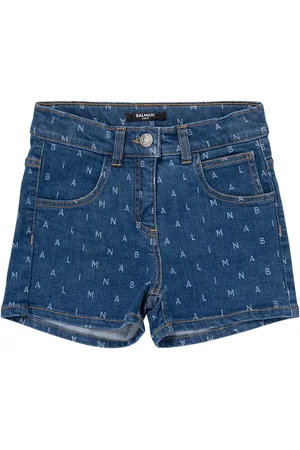Balmain Logo Print Cotton Denim Shorts
