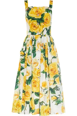 Dolce & Gabbana Rose Print Cotton Poplin Midi Dress