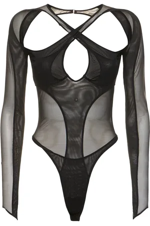 MUGLER Stretch Tulle Cross Collar Bodysuit