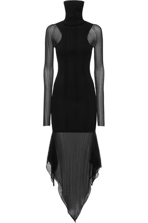 MUGLER Plissé Rib Knit Turtleneck Midi Dress