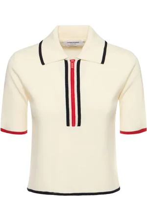 Thom Browne Milano Stitch S/s Zip-up Wool Polo Top