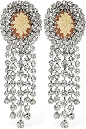 Alessandra Rich Rose Cameo Earrings W/ Crystal Fringes