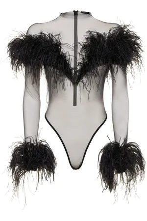 MUGLER Tulle & Feathers Long Sleeve Bodysuit