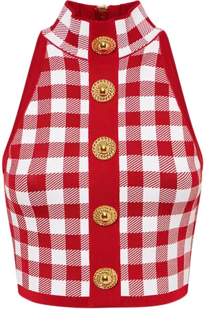 Balmain Check Knit High Neck Cropped Vest