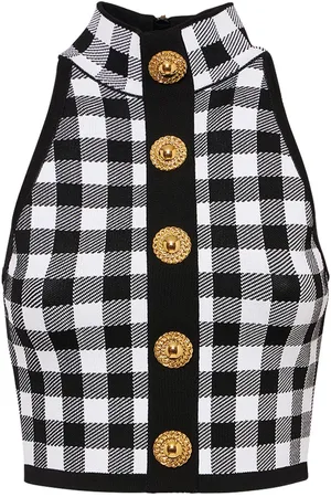 Balmain Check Knit High Neck Cropped Vest