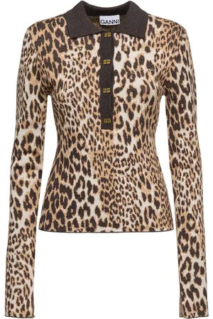 Ganni Leopard Jacquard Wool Polo Top