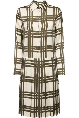 Burberry Check Mulberry Silk Pleated Shirt Dress
